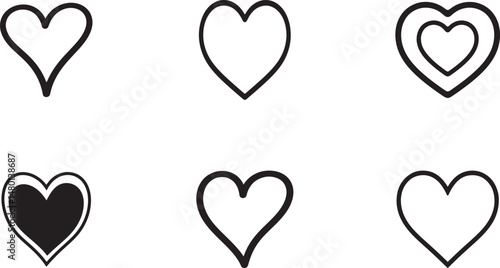 Collection of hand drawn heart shaped illustrations in simple outlines and filled shapes