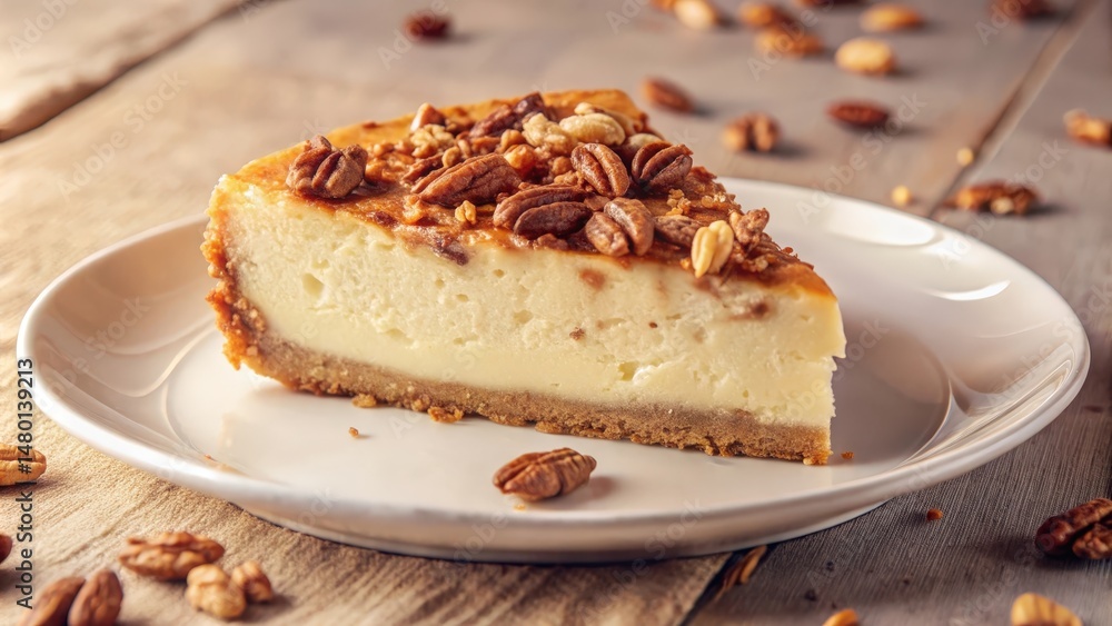 A single slice of pecan cheesecake sits on a white plate, ready to be devoured, on a wooden table, with pecan halves scattered around. A single slice of pecan cheesecake sits on a white plate, ready to be devoured, on a wooden table, with pecan halves scattered around.