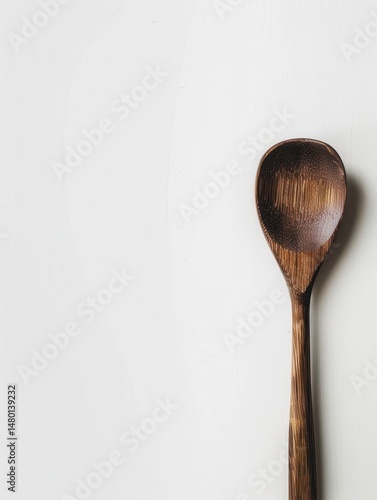 A single wooden spoon, natural grain texture, placed flat on white background, top-down view, soft diffused shadows, minimal and clean, high-detail 