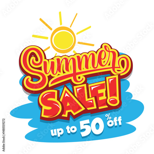 Hot summer sale sticker. Text label with sun, sea or sky symbol, business seasonal discount shopping template. Editable vector on transparent background