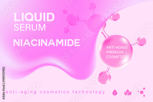 Abstract light pink Niacinamide serum, premium anti-aging cosmetics illustration with abstract liquid shapes, molecular structure. Ideal for beauty blogs, cosmetic packaging, and marketing materials.