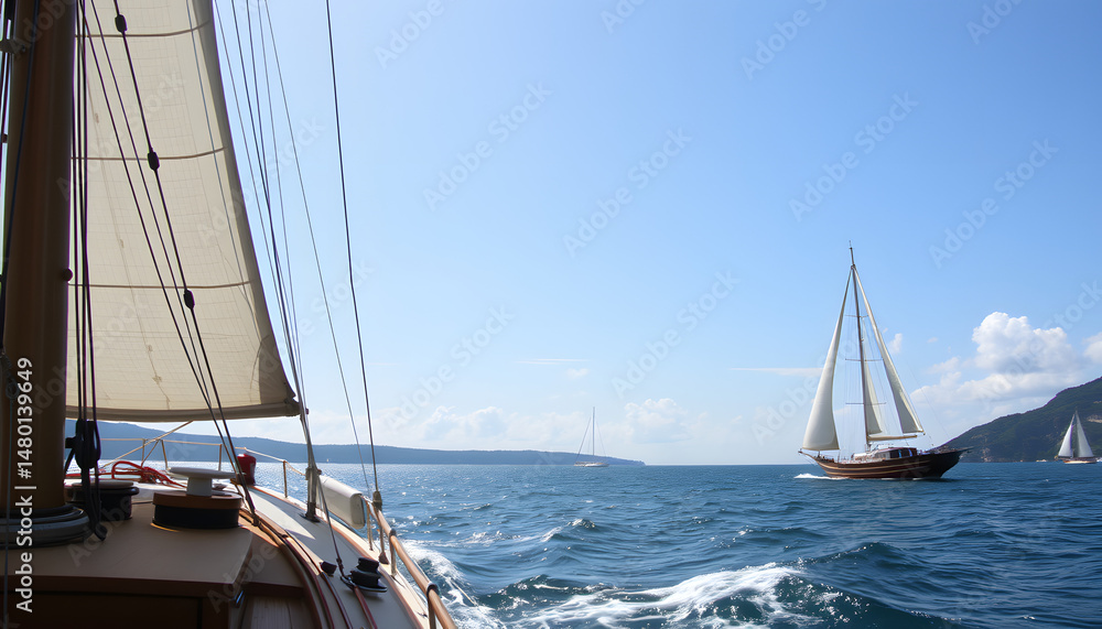 Fototapeta premium Gliding effortlessly across the shimmering waves. with white shades