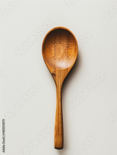 A single wooden spoon, natural grain texture, placed flat on white background, top-down view, soft diffused shadows, minimal and clean, high-detail 
