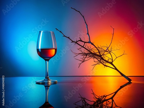 Modern Still Life: Silhouette of Dry Branch in Wine Glass on Bright Background