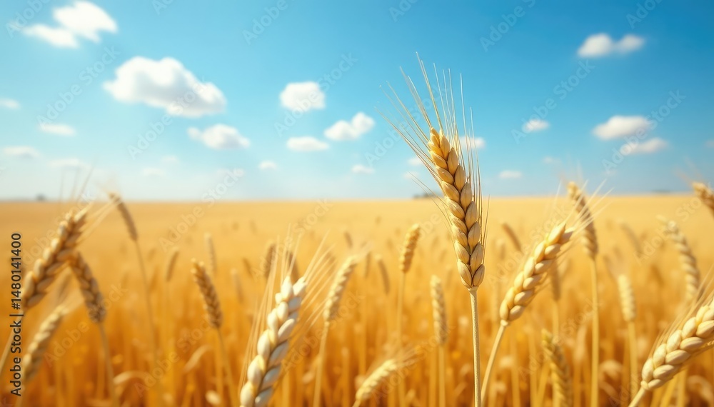 Ripe barley heads in vast wheatfield under blue sky, plant, bright, farming Ripe barley heads in vast wheatfield under blue sky, plant, bright, farming