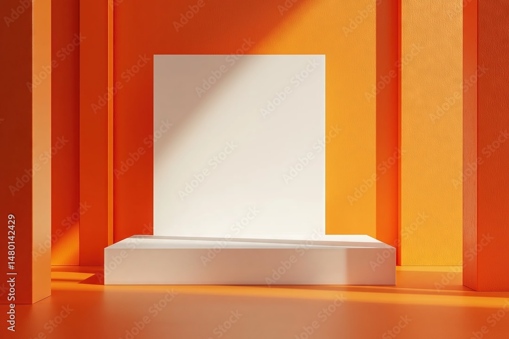 Sunlit Orange Podium with Vertical Blank Canvas, Geometric Columns, and Abstract Display Sunlit Orange Podium with Vertical Blank Canvas, Geometric Columns, and Abstract Display
