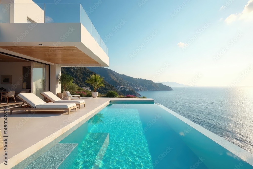 Fototapeta premium Sun-drenched villa with infinity pool overlooking ocean, tropical, modern