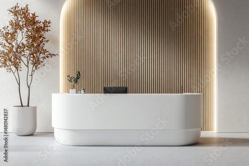 Curved White Reception Desk with Wooden Fluted Wall, Autumnal Plant, and Arch  