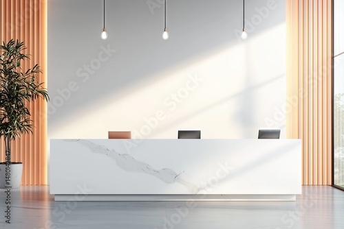 Sleek Marble Reception Desk with Triple Monitor Setup and Peach Ribbed Wall  