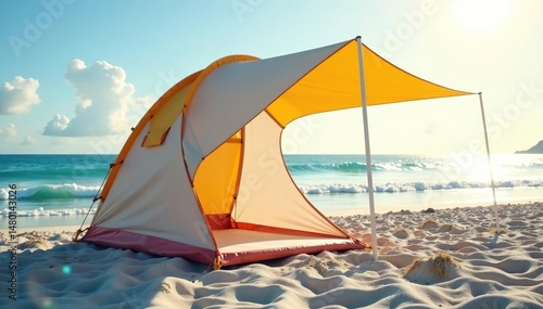 Portable shade solution for beach, combining tent and umbrella features Perfect for sun protection and windbreak , convenient, coast, sky