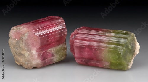 Two tourmaline crystals present watermelon hues in studio setting