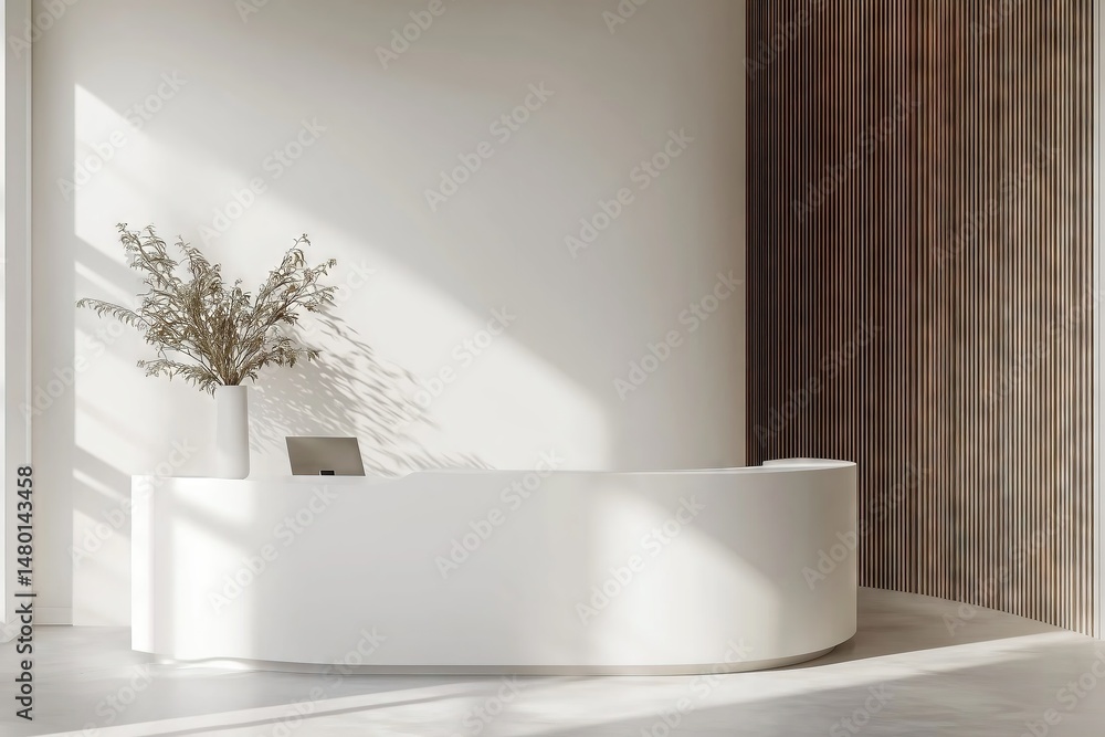 Minimalist White Reception Desk with Wooden Slatted Wall and Dried Plant Decor Minimalist White Reception Desk with Wooden Slatted Wall and Dried Plant Decor