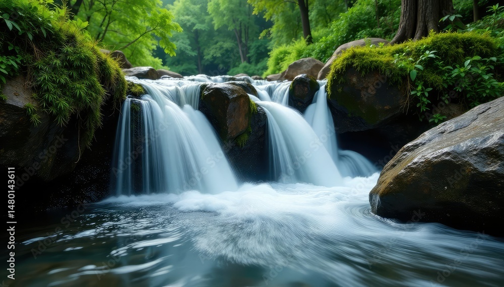Water cascading over rocks in a lush forest, creating a misty spray , mist, geology, flowing water Water cascading over rocks in a lush forest, creating a misty spray , mist, geology, flowing water