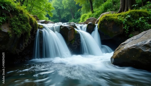 Water cascading over rocks in a lush forest, creating a misty spray , mist, geology, flowing water