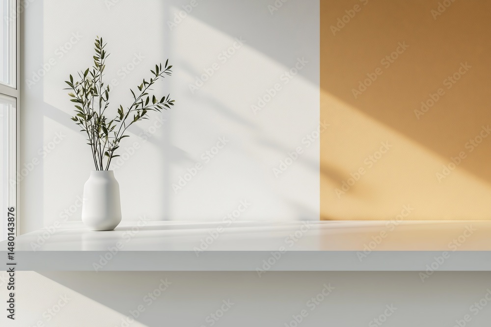 Minimalist White Shelf with Olive Branch Vase Against Sunlit Ochre Wall Minimalist White Shelf with Olive Branch Vase Against Sunlit Ochre Wall