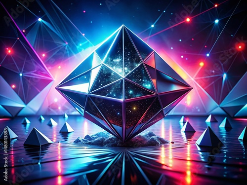 Night Photography: Black Crystal Low Poly Triangles & Polygonal Shapes - High-Tech Background