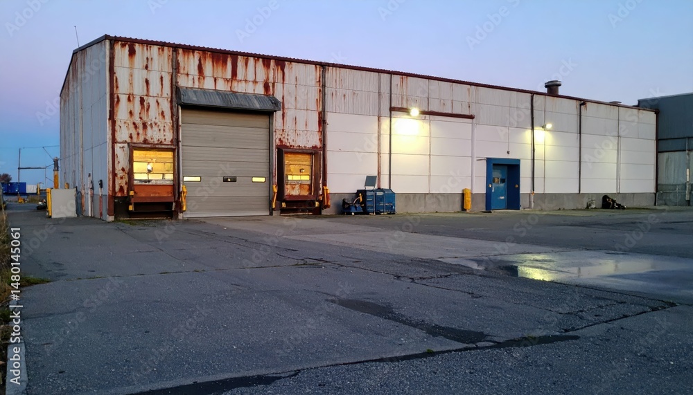 Obraz premium Industrial Warehouse Exterior with Rusty Metal and Empty Parking Lot