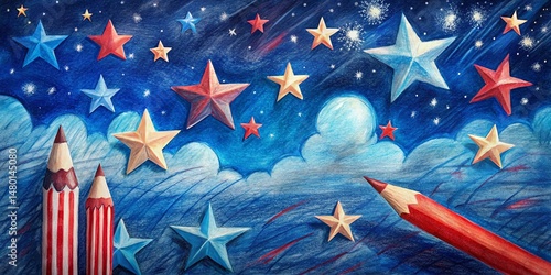 Nighttime Patriotic Watercolor Pencil Art: Stars & Stripes Independence Day Celebration