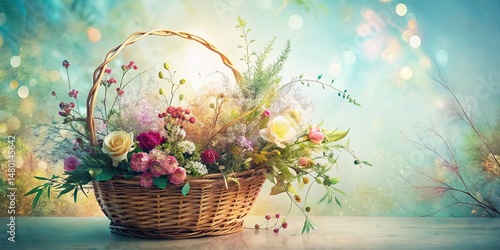 Organic Floral Basket Line Art Double Exposure Stock Photo - Botanical Texture Design