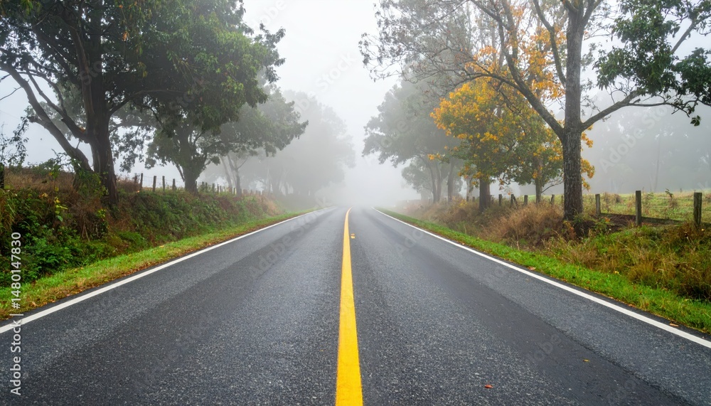 Fototapeta premium Serene Foggy Road Surrounded by Autumn Trees and Lush Greenery