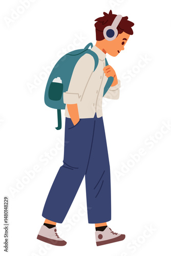 School boy in uniform with backpack and headphones walking to school flat vector illustration isolated on white.