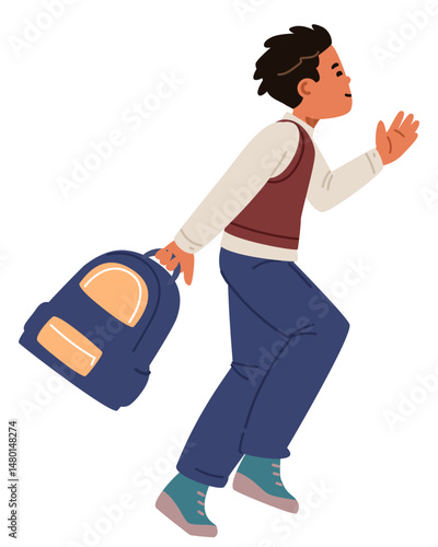 Asian smiling school boy in uniform with backpack in hand running to school flat vector illustration isolated on white.