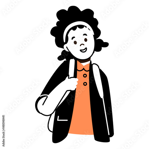African American school girl with backpack vector line minimalistic illustration isolated on white.