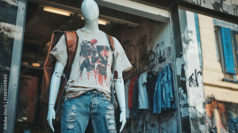 Fototapeta premium Urban display mannequin with backpack and distressed tee shirt in the city