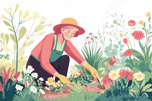 Happy Senior Woman Gardening Colorful Flowers