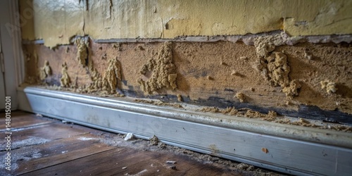 Closeup of termite damage to the baseboard and wall in a home, revealing the extent of the infestation and the need for professional pest control