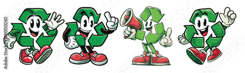 vintage retro style recycling symbol cartoon mascot character with expressive faces and gestures