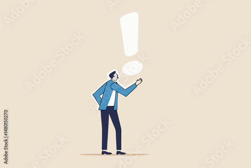 Story telling, speak out loud to draw attention and interest, fact important information or secret, caution and alert call concept, businessman speaking with speech bubble as exclamation point.