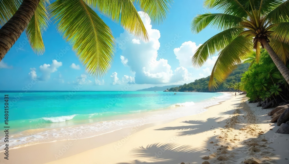 Obraz premium Golden sand meets turquoise ocean waves, tropical palm trees sway , waves, summer