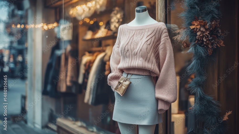 Fototapeta premium Chic store front display showcasing autumn fashion with seasonal decor