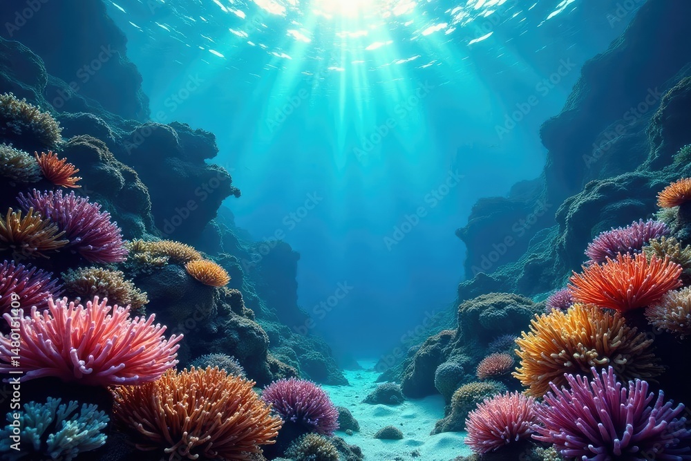 Fototapeta premium Mesmerizing underwater scene, vibrant coral reef, ocean, light
