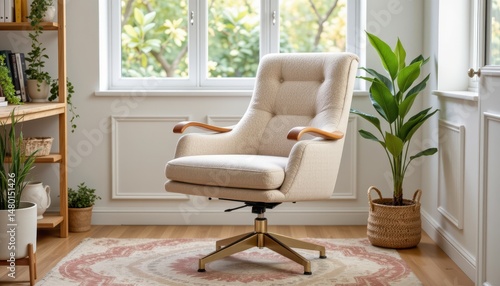 beige fluffy swivel chair with wooden arms in bright home office realistic detail clean composition subject clarity commercial usability lifestyle scene product photography e commerce branding concept