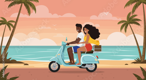 Two people riding scooter along beach at sunset with palm trees  