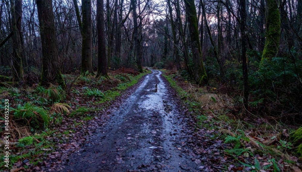 Fototapeta premium Serene Forest Path with Muddy Trail and Leafy Surroundings