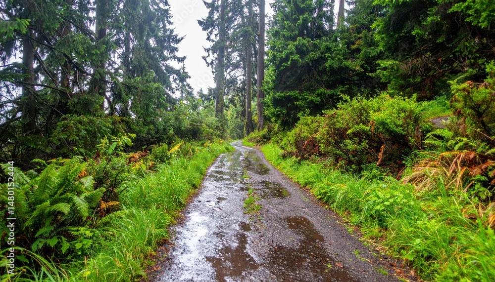 Fototapeta premium Serene Forest Trail after Rain with Lush Greenery and Wet Path