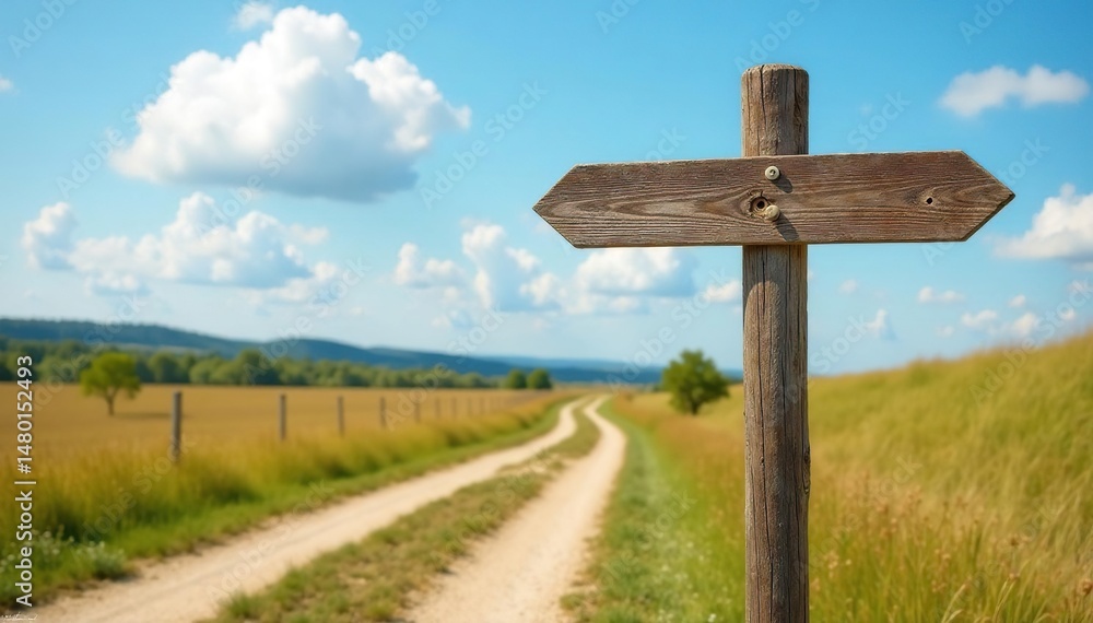 A weathered crossroads signpost at a rural intersection, pointing in four directions , pole, summer, gravel A weathered crossroads signpost at a rural intersection, pointing in four directions , pole, summer, gravel