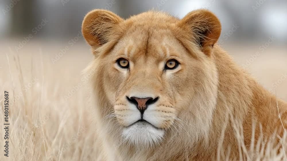 Lioness's gaze: A lioness with majestic golden mane, sits amidst tall dry grass, capturing the serene beauty and power of nature. A moment of fierce beauty. Lioness's gaze: A lioness with majestic golden mane, sits amidst tall dry grass, capturing the serene beauty and power of nature. A moment of fierce beauty.