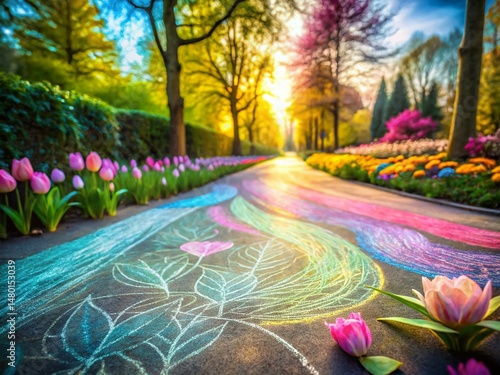 Pastel Spring Garden: Hand-Drawn Chalk Line Pattern Long Exposure Photography