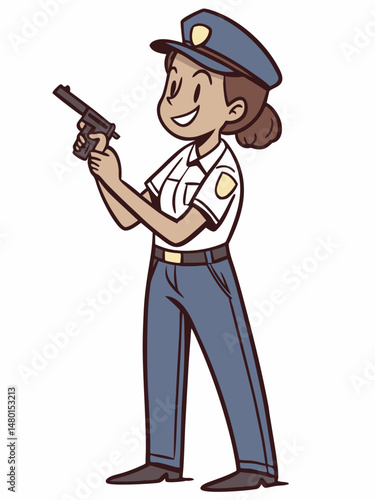 Happy female police with gun on white background