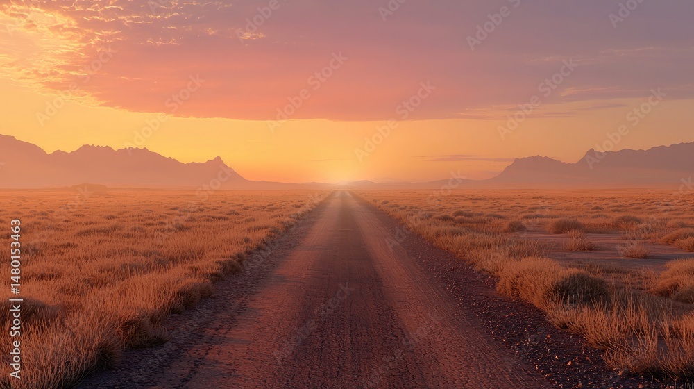 Golden sunset over a vast, empty desert road. Golden sunset over a vast, empty desert road.