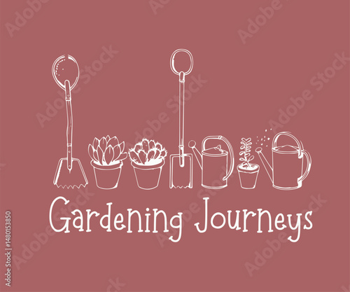 Gardening journeys, High quality gardening T shirt graphic with hand drawn plants and a humorous slogan, great for print on demand and garden merchandise