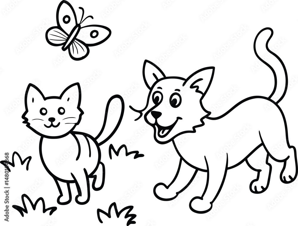 Fototapeta premium A cute cartoon set features a smiling cat, dog puppy, and other fun animal characters like a rabbit and pig, presented as a vector illustration