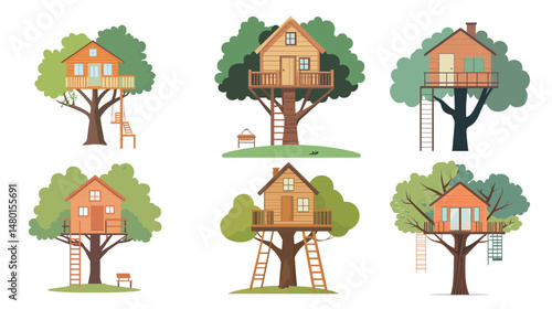 Whimsical vector illustration of a cozy tree house nestled in branches, surrounded by lush green leaves, charming wooden structure in nature-themed graphic design perfect for children’s stories, 