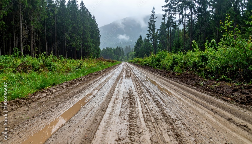 Fototapeta premium Muddy Forest Road Under Cloudy Sky with Mountain Background