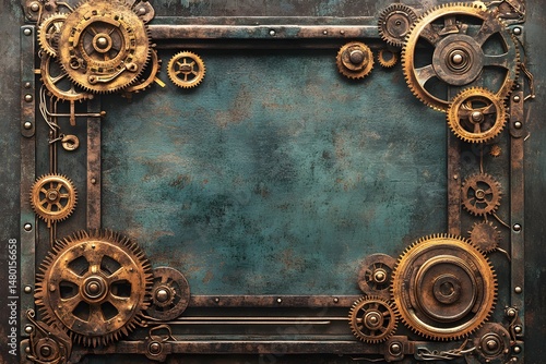 Antique steampunk mechanical frame with intricate brass gears and detailed textured background