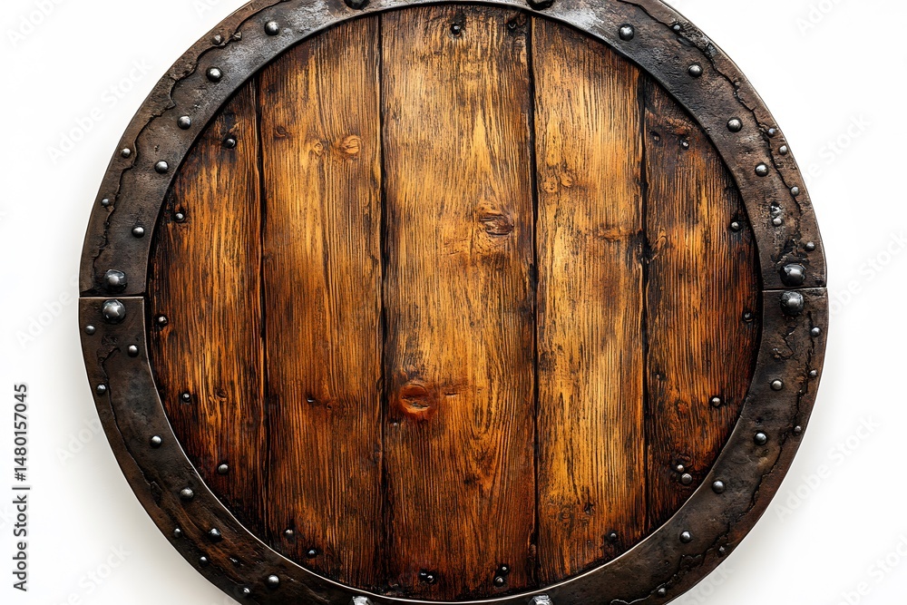 Fototapeta premium Antique wooden viking shield with metal rim and rivets centered on white background